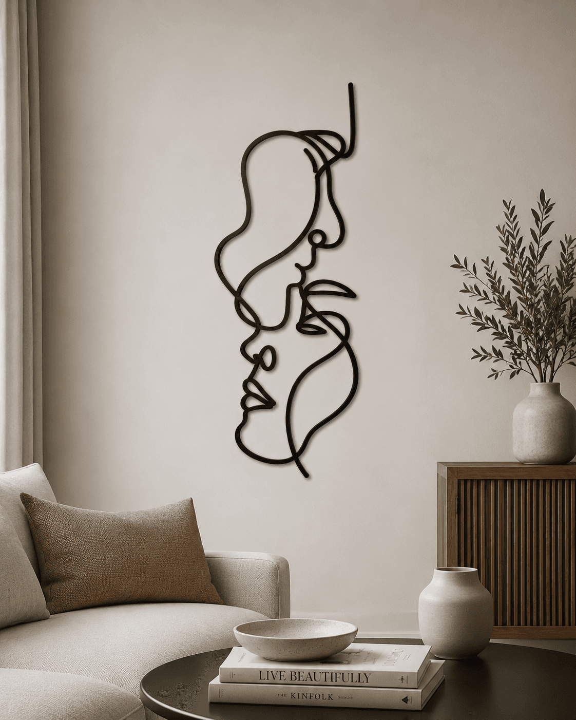 Soyut Çift Yüz Metal Duvar Tablosu , Minimalist Line Art Ev Dekoru