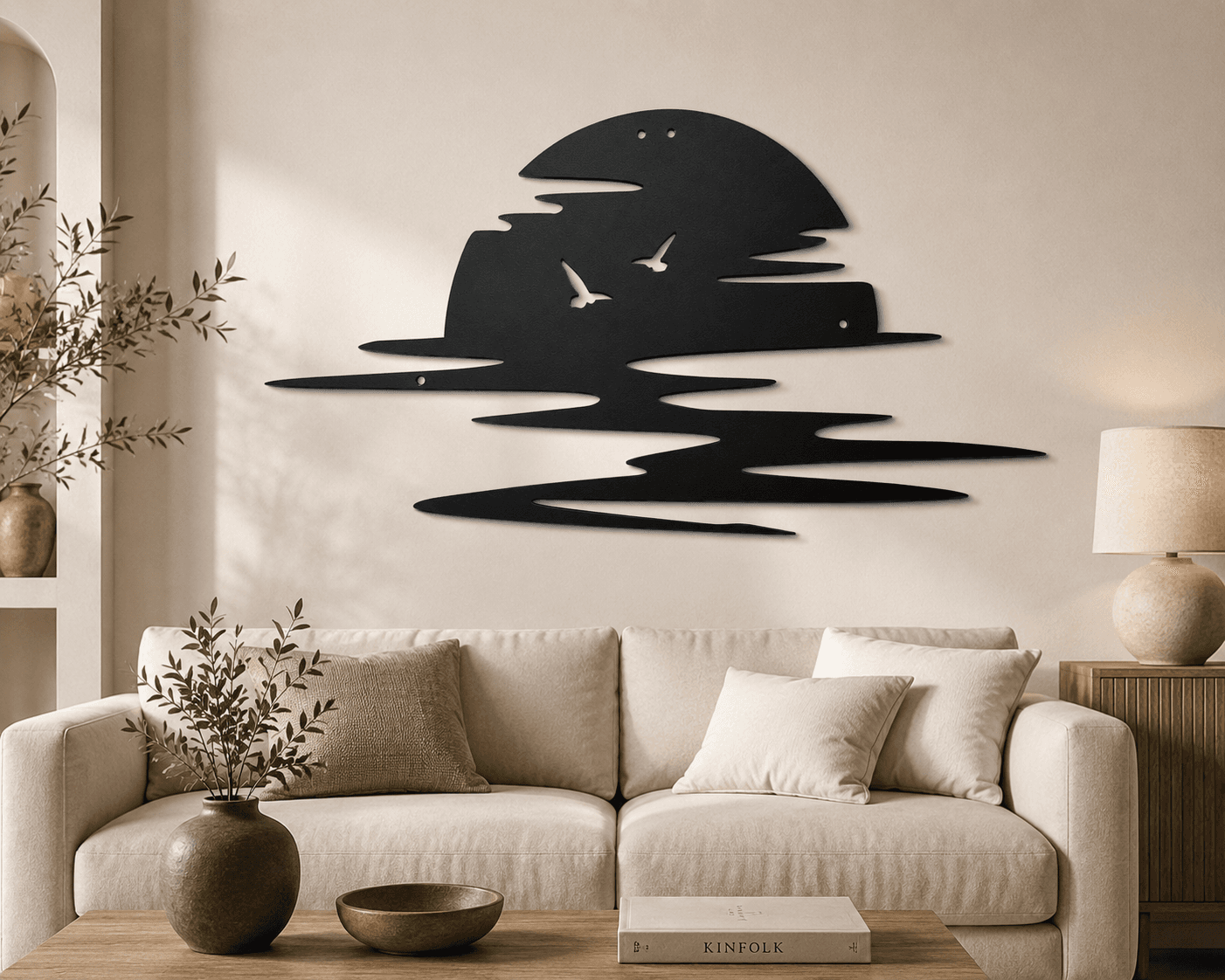 Gün Batımı Metal Duvar Dekoru ,Minimalist Deniz ve Kuşlar Metal Tablosu