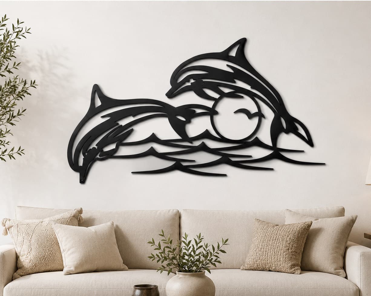 İki Yunus Metal Duvar Dekoru ,Okyanus Temalı Metal Wall Art