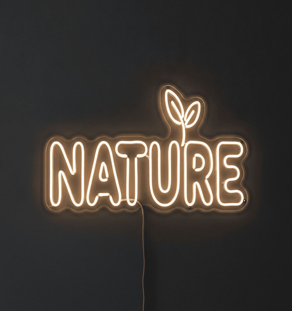 Nature Yazılı Neon LED Duvar Lambası, Filiz Detaylı Neon Tabela