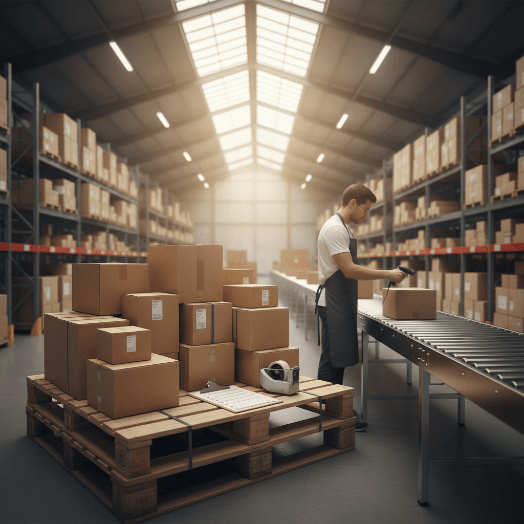 Amazon FBA depo - paletlenmis kargo kutulari ve sevkiyat