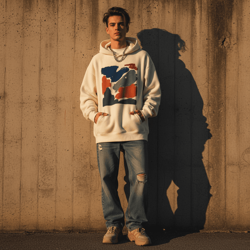 Streetwear marka - tasarimli oversized hoodie giyen model
