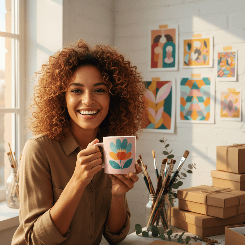 Etsy satici - el yapimi tasarimli kupayi tutarken