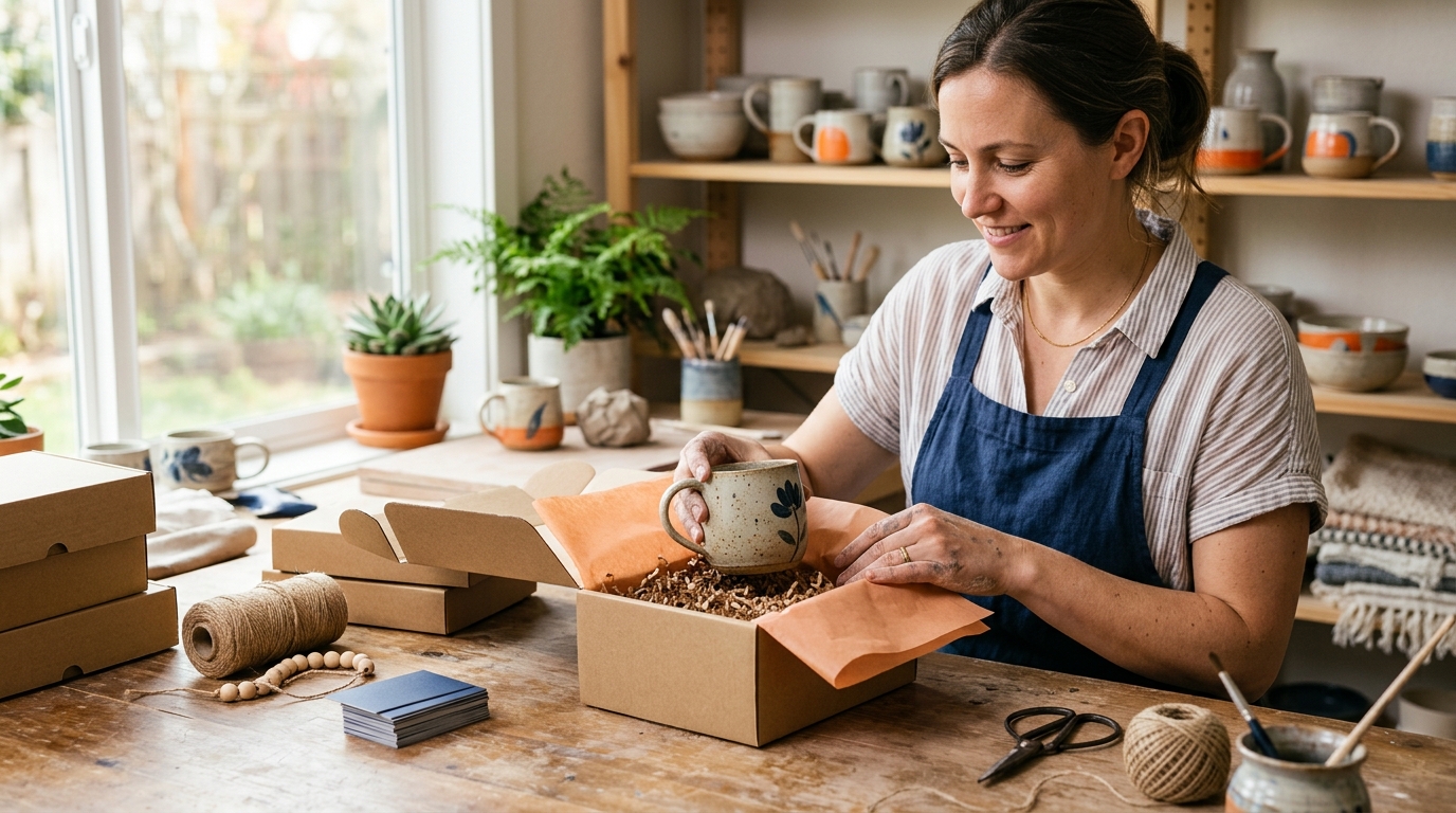 a small business owner packaging a handmade ceramic mug order at a bright home s