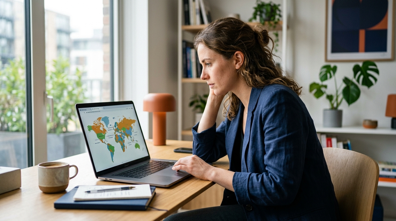 a determined young entrepreneur looking at a world map on a laptop screen in a m