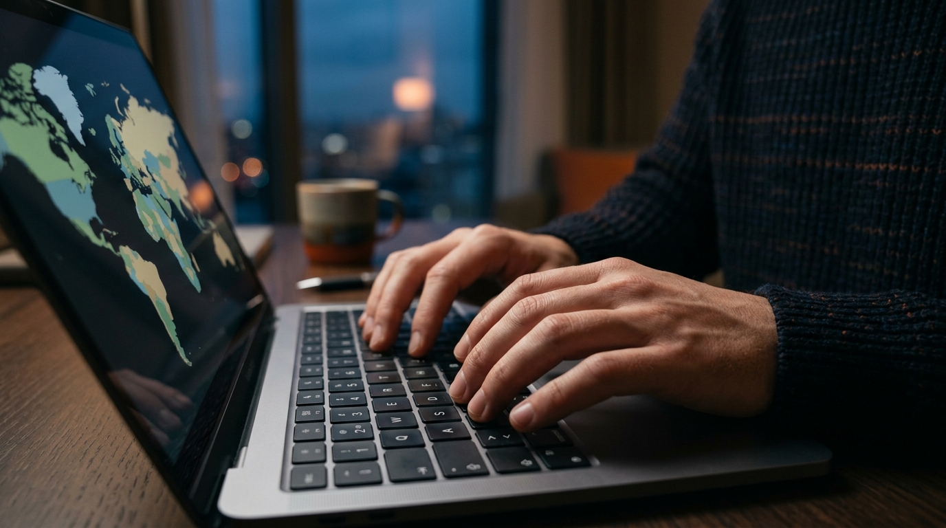 a close-up shot of a person's hands typing on a laptop keyboard with a world map