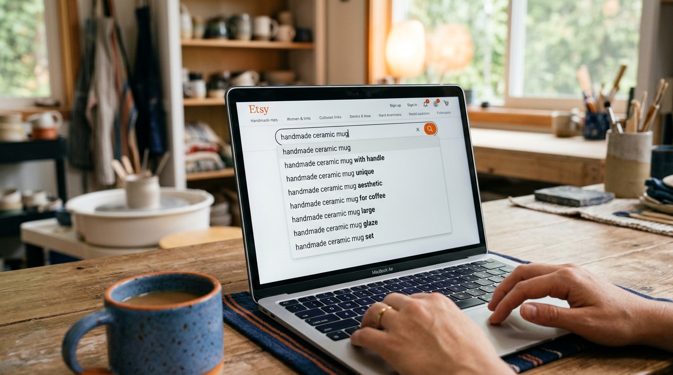 a search bar on Etsy with various auto-complete suggestions appearing as a user