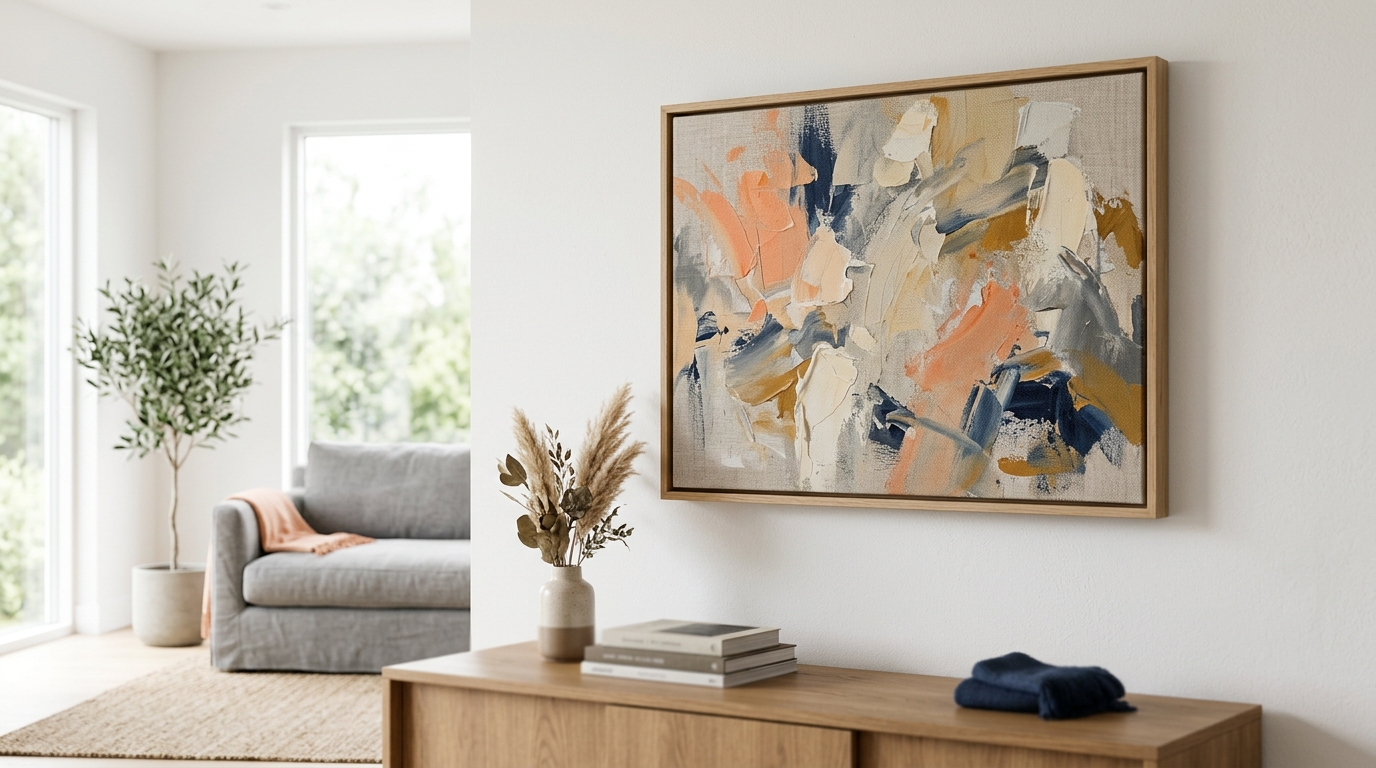a close-up shot of a high-quality framed canvas print with abstract art, display