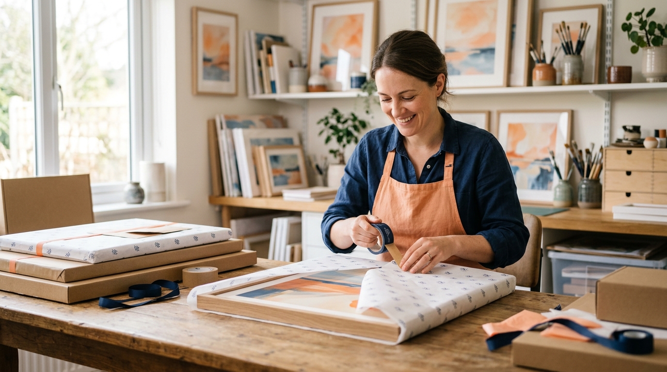 a smiling person carefully packaging a framed canvas print with branded tissue p