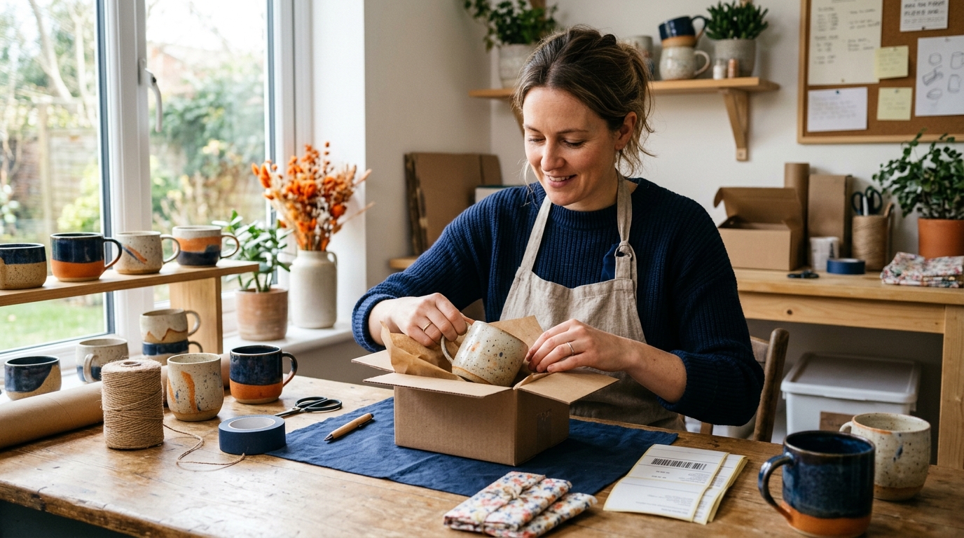 a small business owner packaging a handmade ceramic mug order at a bright home s