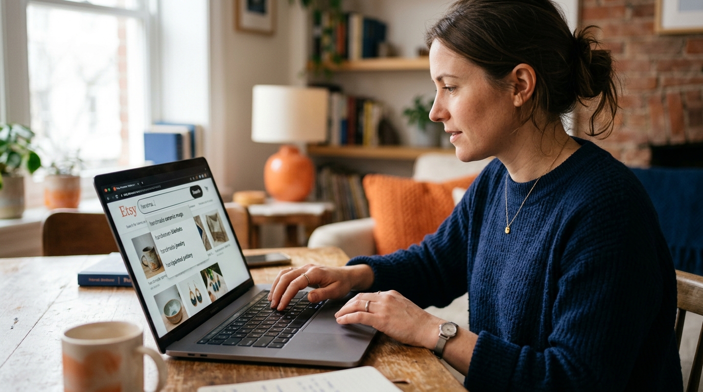 a person typing search queries into the Etsy search bar on a laptop screen, with