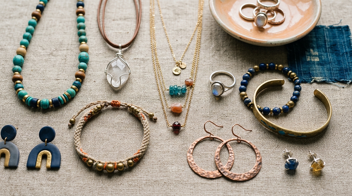 a flat lay of various handmade jewelry pieces with different styles and material