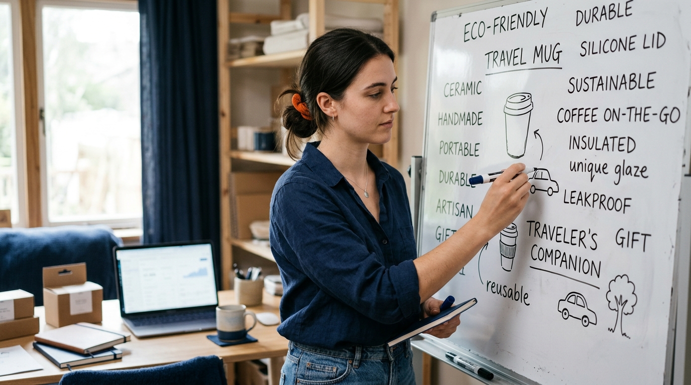 a seller brainstorming keywords on a whiteboard with product ideas sketched arou