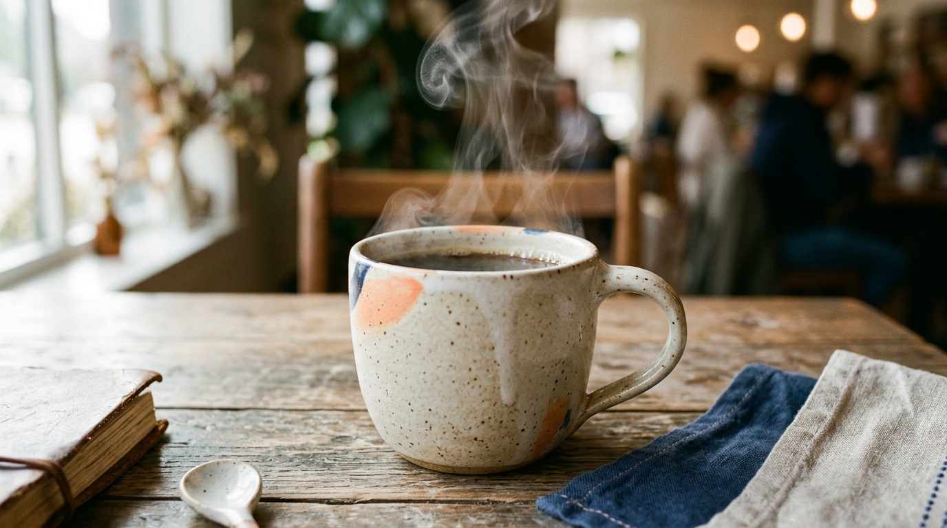 a close-up shot of a beautifully crafted handmade ceramic mug with steam rising