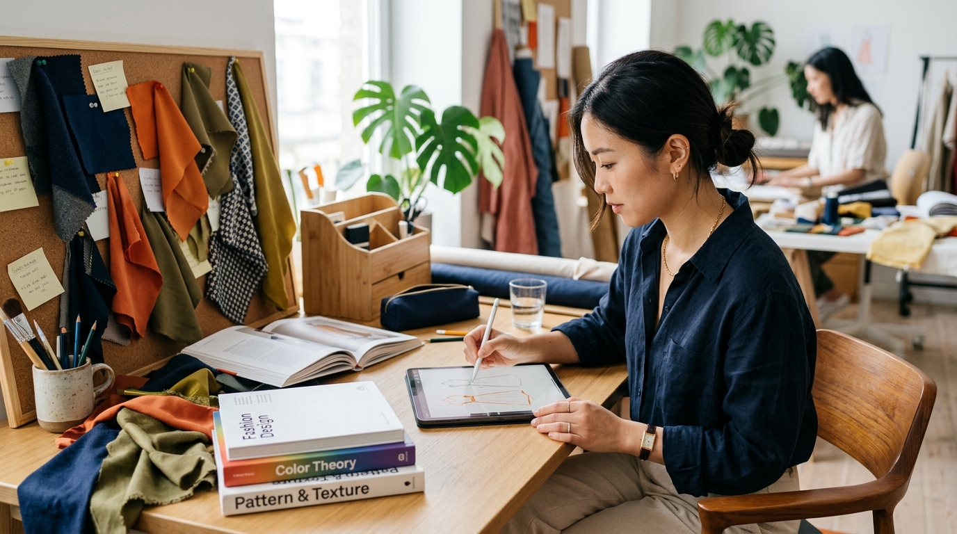 a designer sketching ideas on a digital tablet at a modern desk, surrounded by c