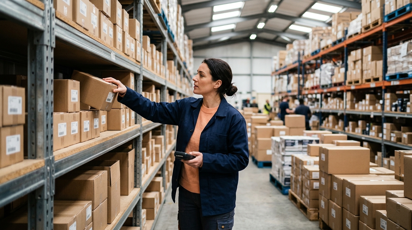a person carefully selecting a product from a shelf in a brightly lit warehouse,
