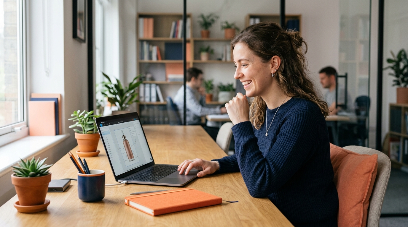 a person sitting at a desk with a laptop, smiling and looking at a product mocku