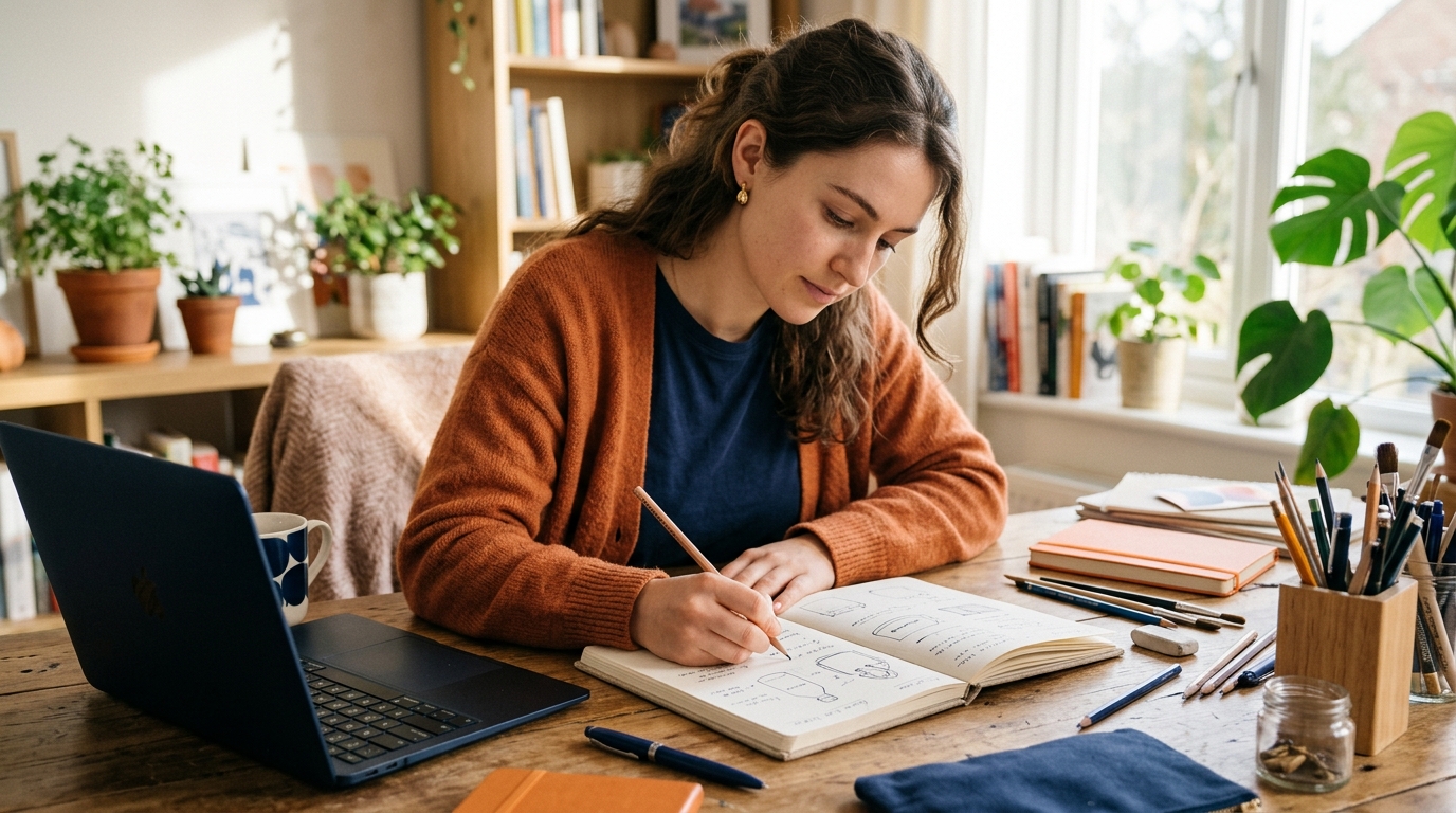 a young woman thoughtfully sketching product ideas in a notebook at a sunlit des