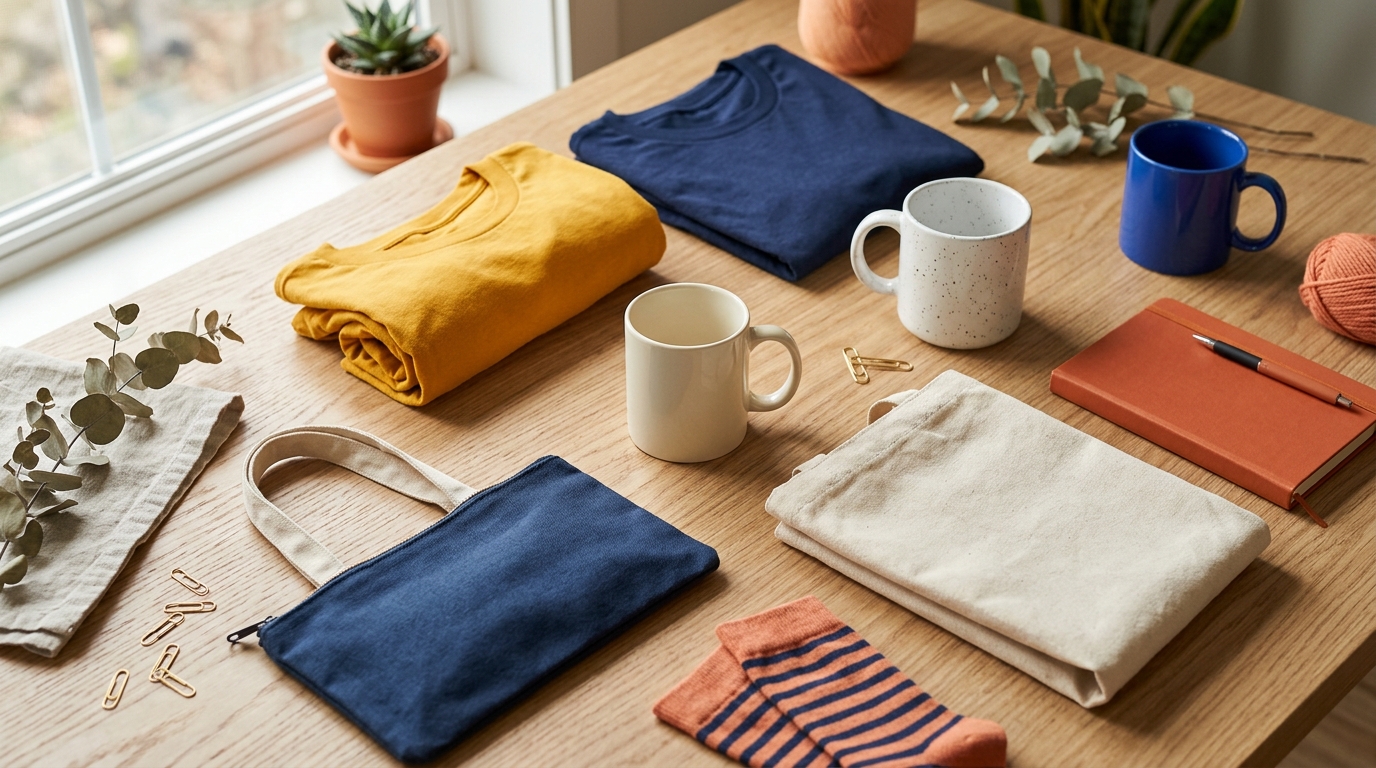 a colorful flat lay of various print-on-demand products like t-shirts, mugs, and