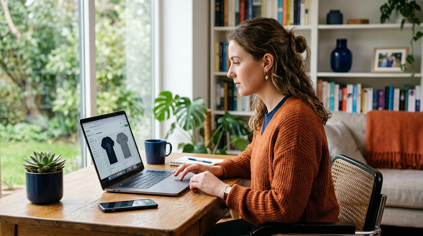 a young entrepreneur working on a laptop in a bright, modern home office, with a