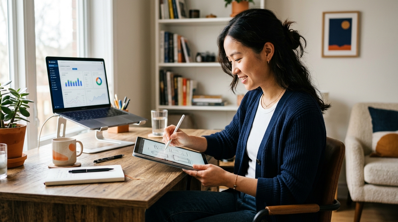 a young entrepreneur sketching design ideas on a tablet in a modern home office,