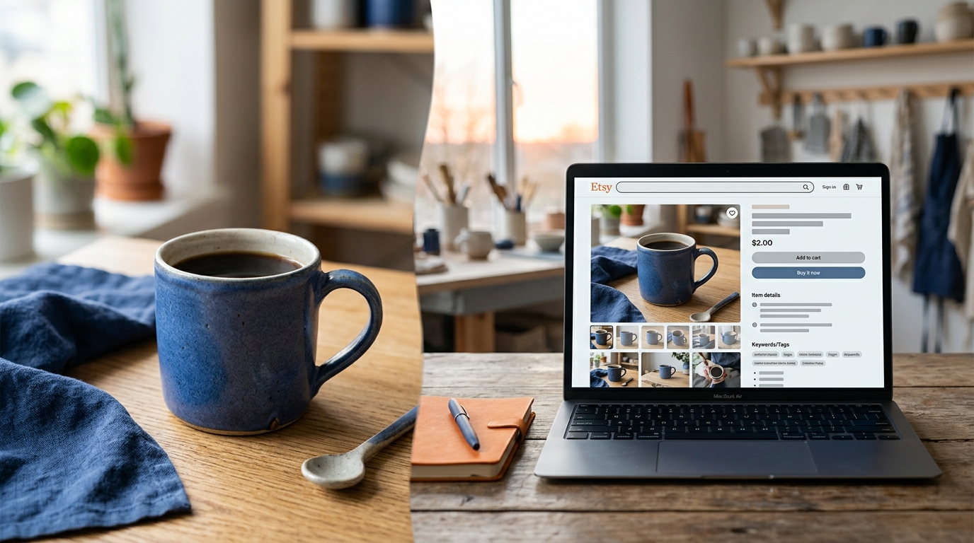 a split screen showing a product mockup on one side and a detailed Etsy listing