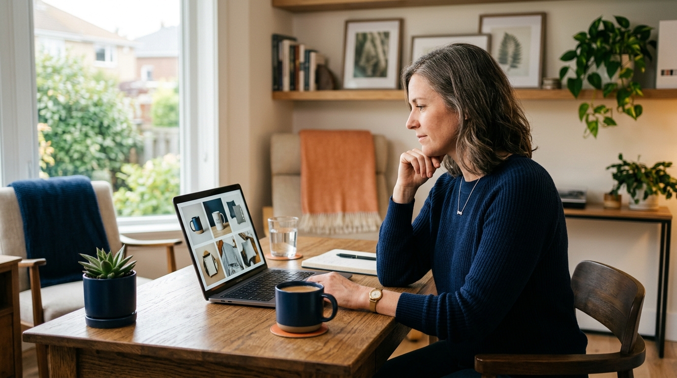 a small business owner looking thoughtfully at a laptop screen displaying produc