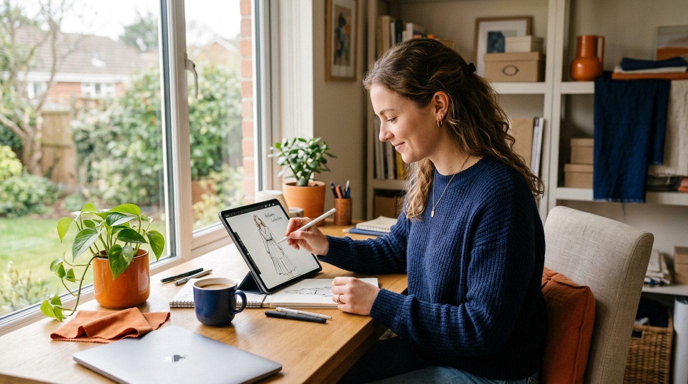 a young woman sketching designs for her online store on a tablet in a sunlit hom