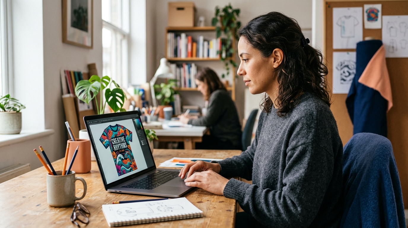 a graphic designer working on a laptop screen displaying a unique t-shirt design