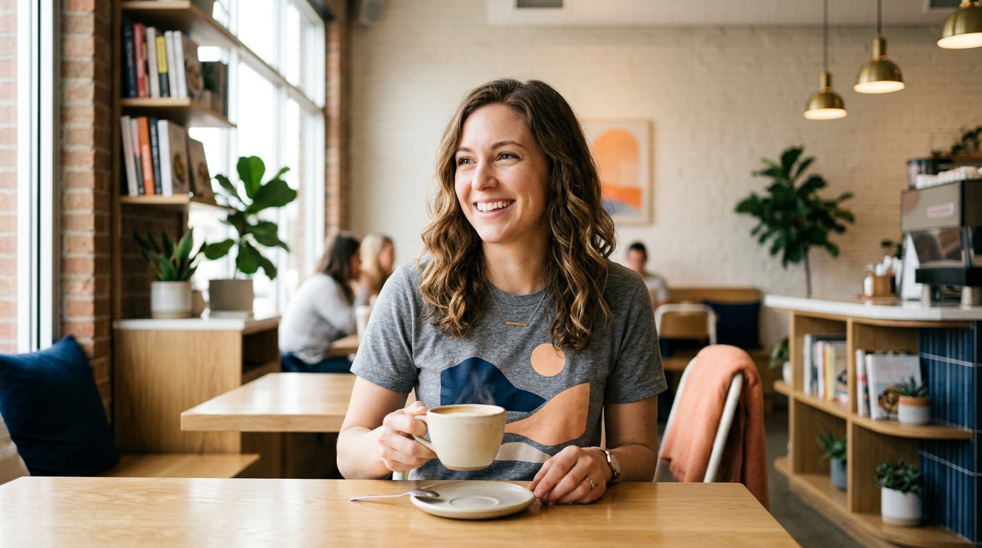 a person wearing a custom-designed t-shirt and smiling while holding a coffee cu