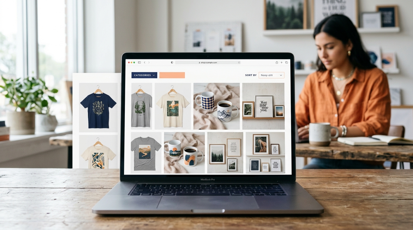 a diverse range of print-on-demand products like t-shirts, mugs, and posters dis