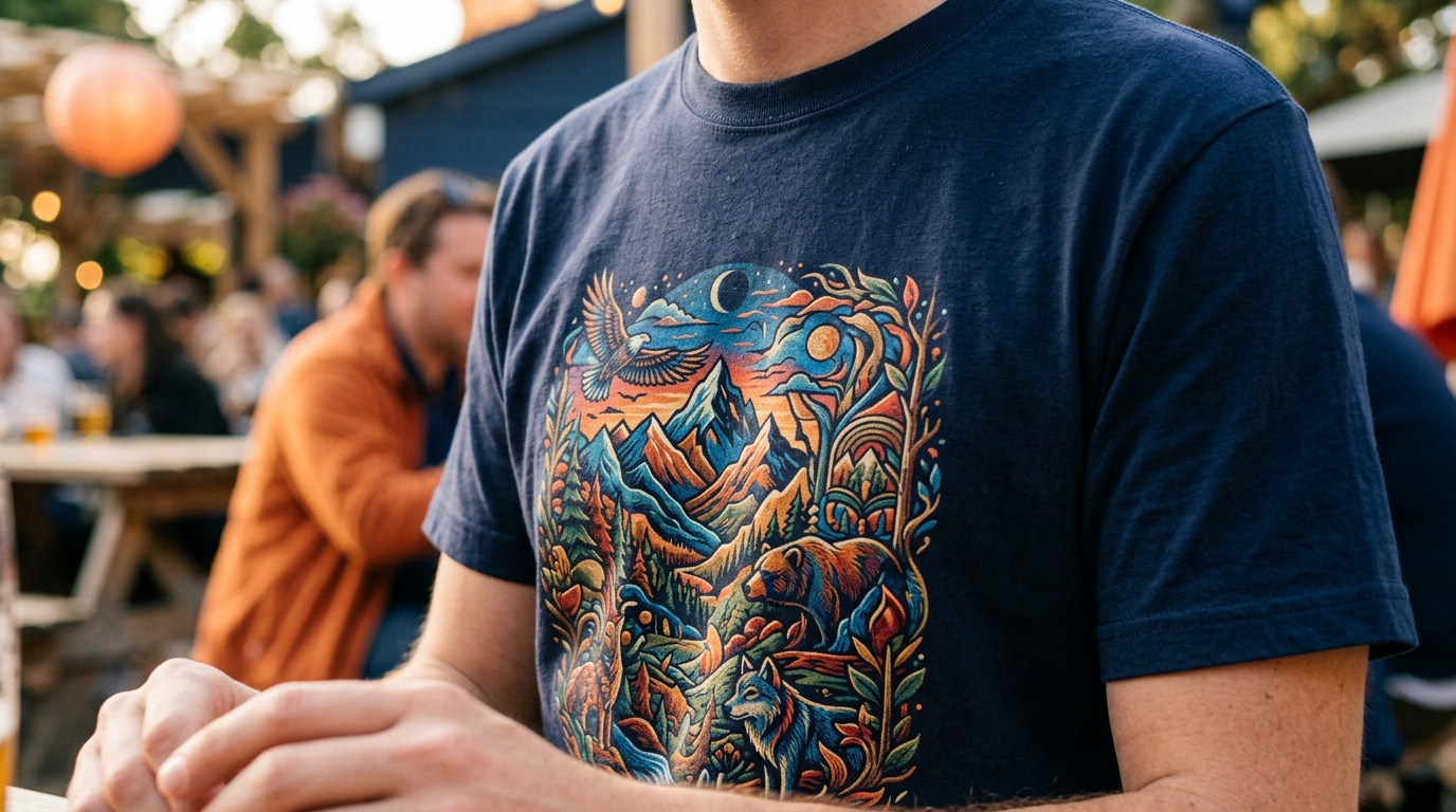 a close-up shot of a high-quality printed t-shirt with a vibrant, detailed desig