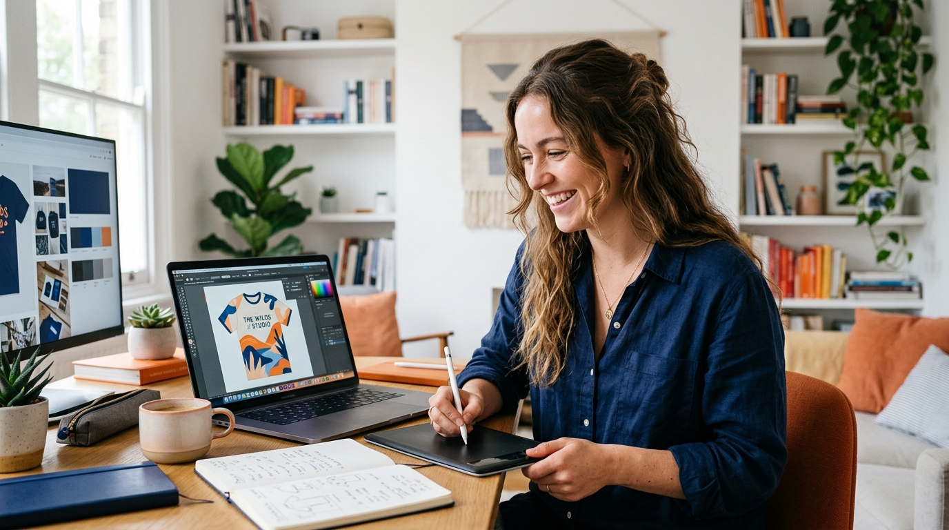 a young woman enthusiastically designing a t-shirt graphic on a laptop screen in