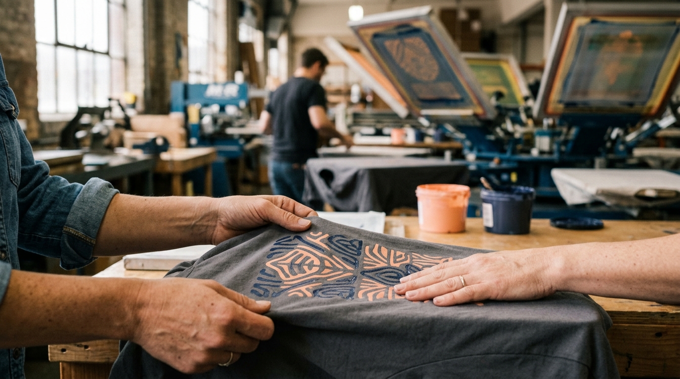 a close-up shot of a person's hands carefully inspecting a freshly printed t-shi