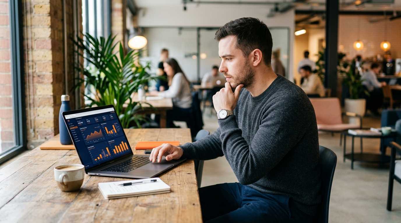 a young entrepreneur looking thoughtfully at a laptop screen displaying a dashbo