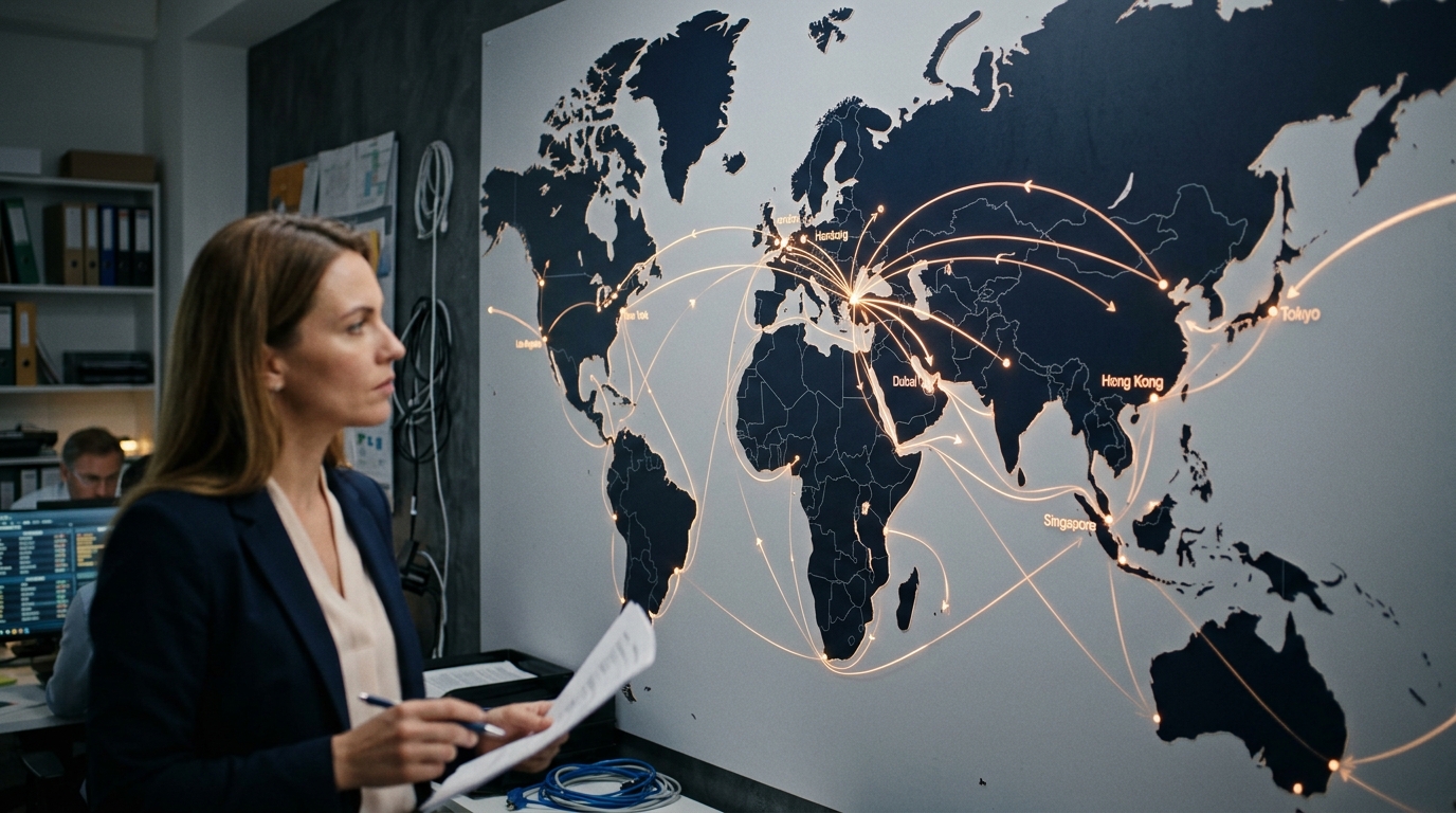 a world map with glowing connection lines originating from Turkey, illustrating
