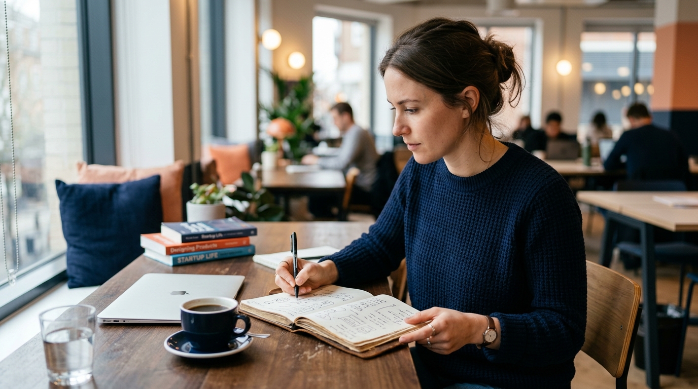 a young entrepreneur thoughtfully sketching product ideas in a notebook at a des